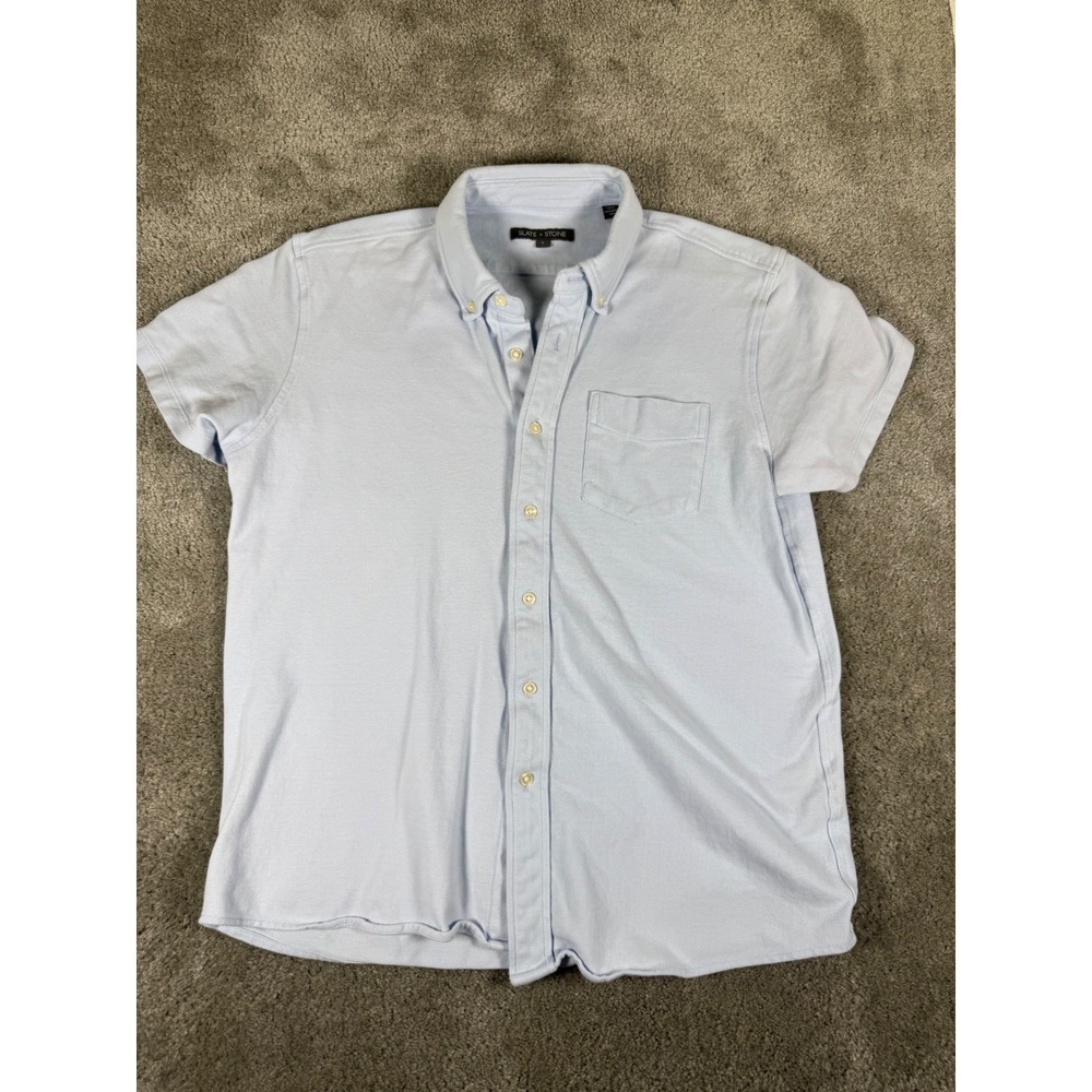 Slate & Stone Mens Light Blue Pique Cotton Short Sleeve Button Down Shirt Large